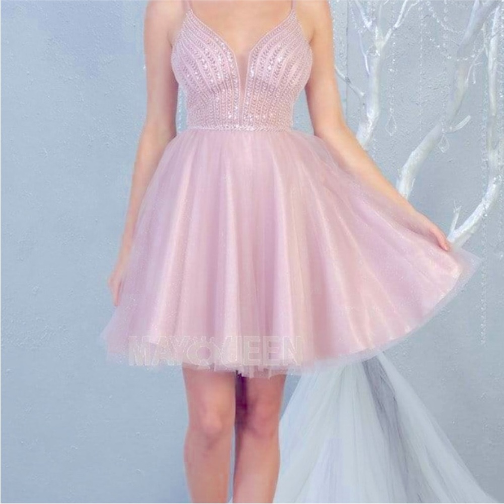 May Queen Pink Embellished Tiered Prom Dress - Picture 2 of 8